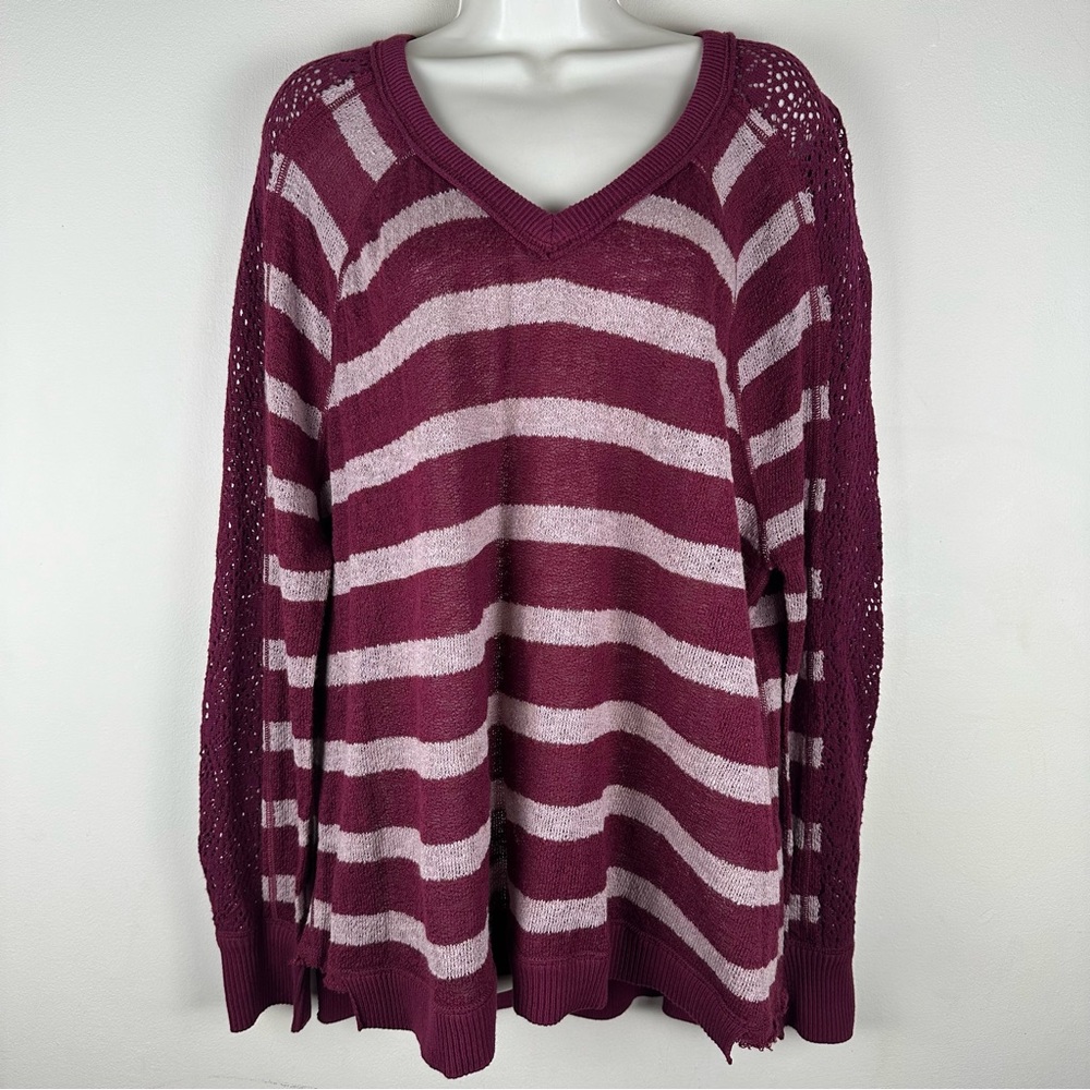 FREE PEOPLE Crochet Sleeve Knit Sweater Striped Top Oversized Sz Large
